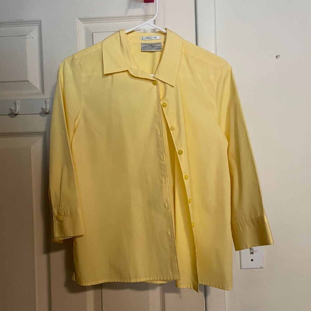 Womens Studio Works 3/4 Sleeve Button Down Blouse Yellow Size Medium Petite